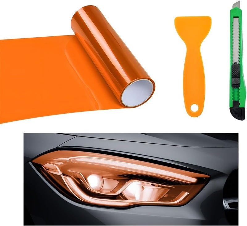 Wevdn Car Light Tint Film, 46.8" × 11.8" Extra-Wide Waterproof Headlight Taillight Tint Wrap Roll, Self Adhesive Film Sticker Sheet for Car Headlight Tail Lights with Squeegee+Cutter (Orange) - Image 1